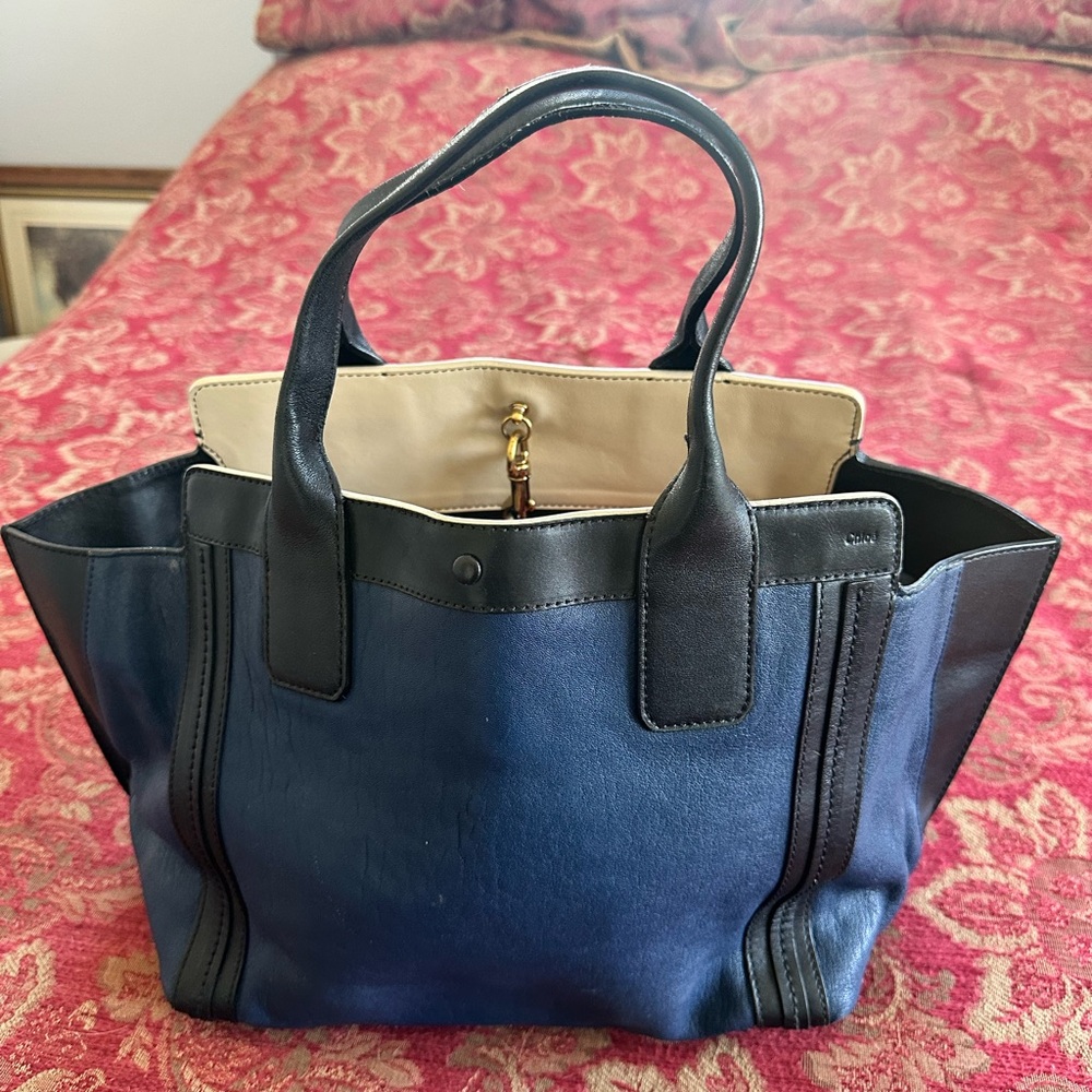 Elegant Chloe East West colorblock Blue and Black calfskin Tote Bag